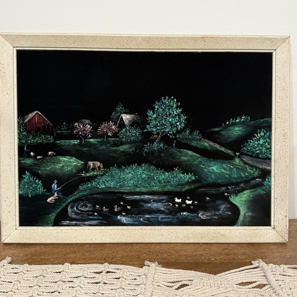 VTG Black Velvet Painting Landscape 21x15 Framed Textural Pond Primitive Country